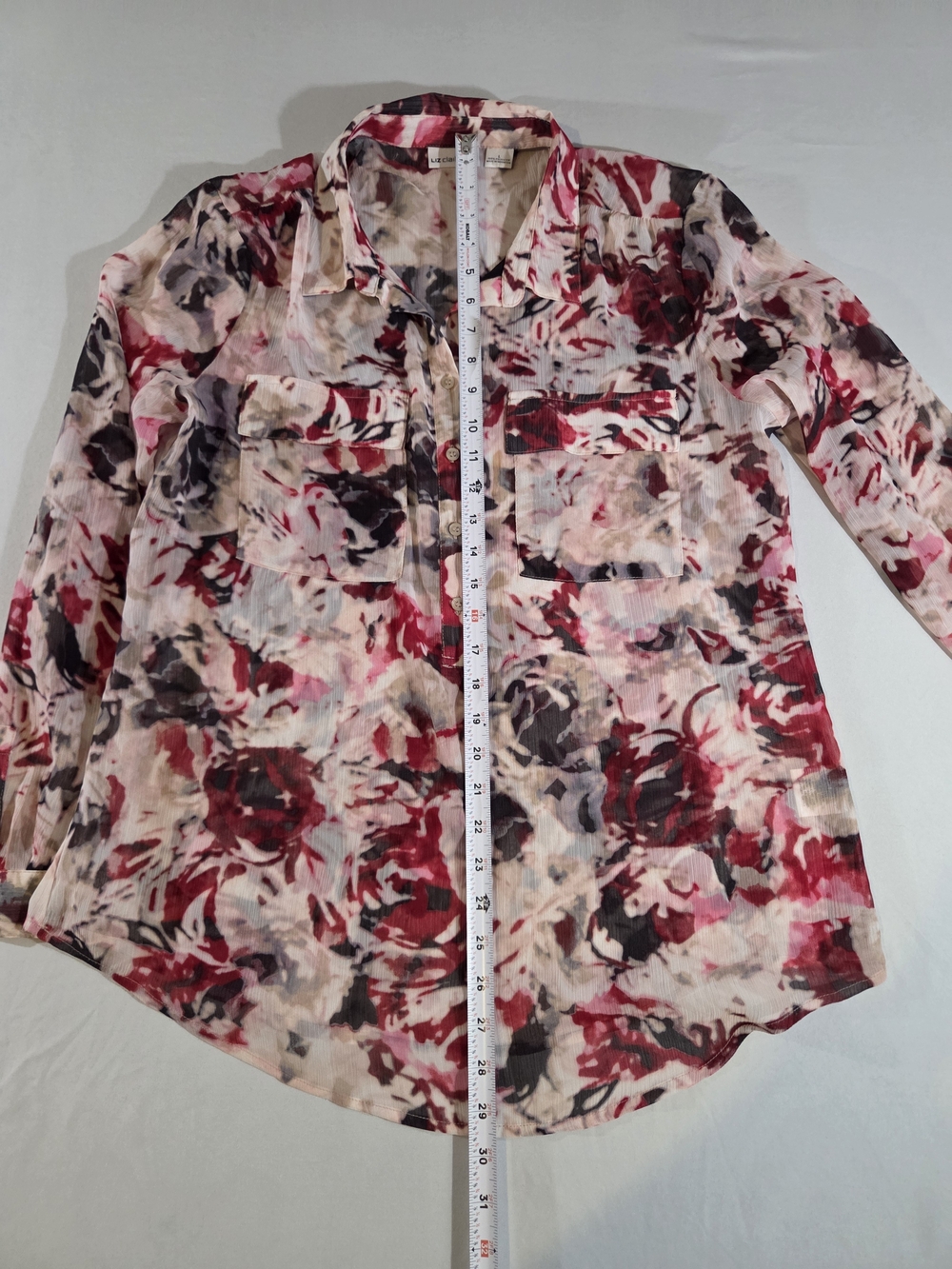 Liz Claiborne Floral Button-Front Blouse - Red, Pink, Black - Picture 4 of 6